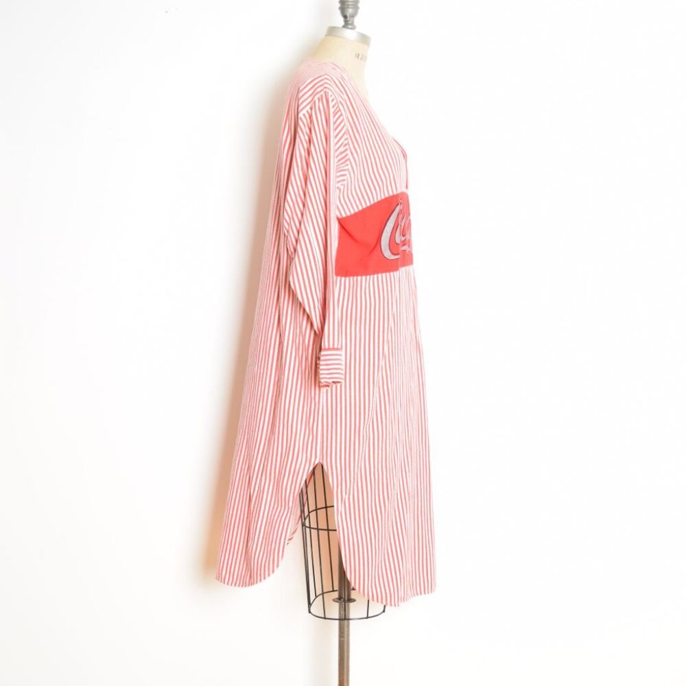vintage 80s nightgown dress red striped flannel COCA COLA print long maxi - Picture 5 of 9